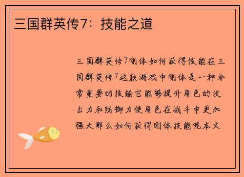 三国群英传7：技能之道